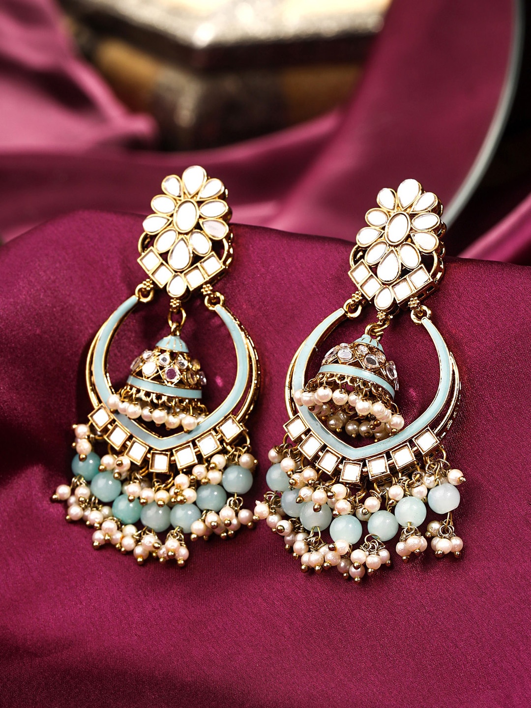 

Yellow Chimes Blue & White Moti Studded Mirror Worked Drop Earrings, Gold