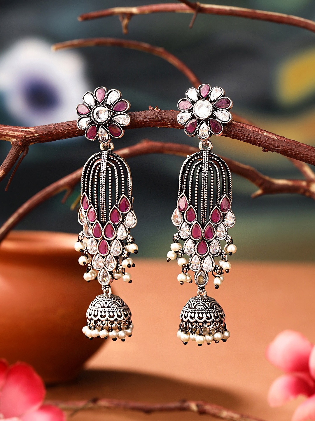 

Yellow Chimes Pink and White Silver Plated Oxidised Floral Jhumka Earrings