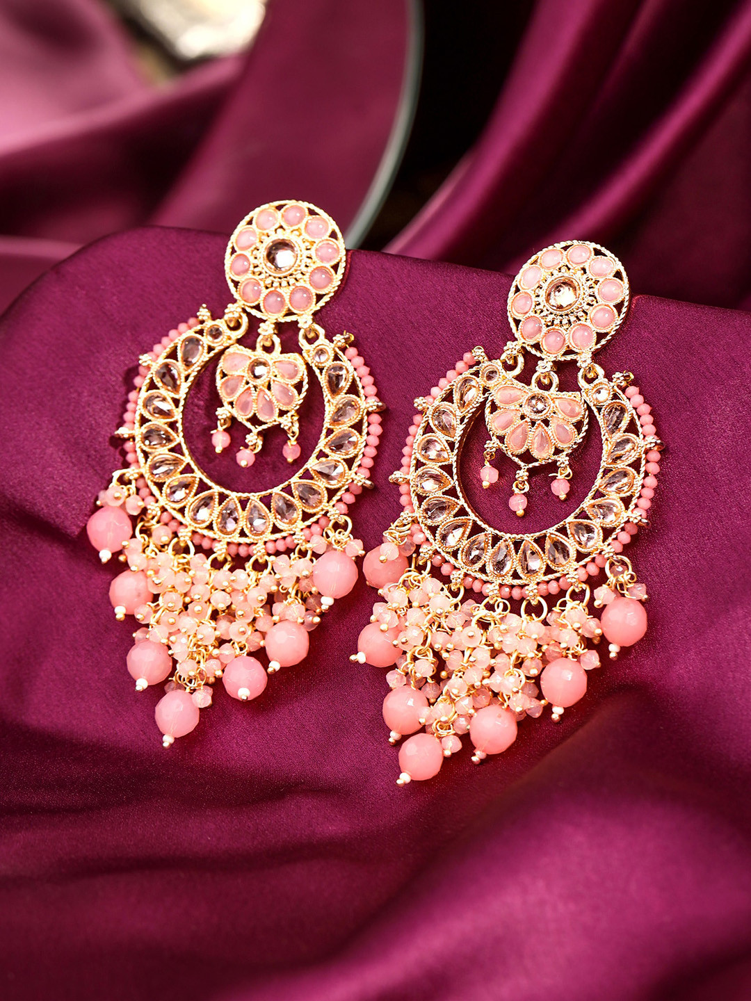 

Yellow Chimes Pink Floral Designed Beaded Gold-Plated Chandbali Earrings