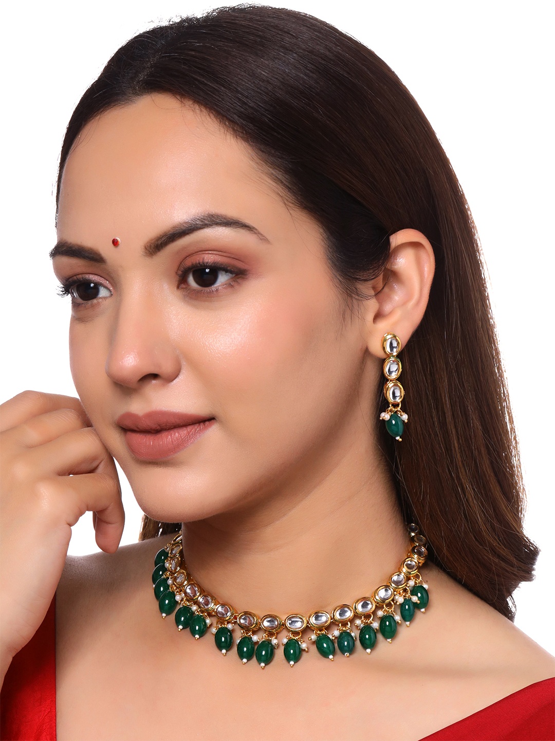 

Yellow Chimes Gold-Plated Green Kundan Studded Beaded Jewellery Set