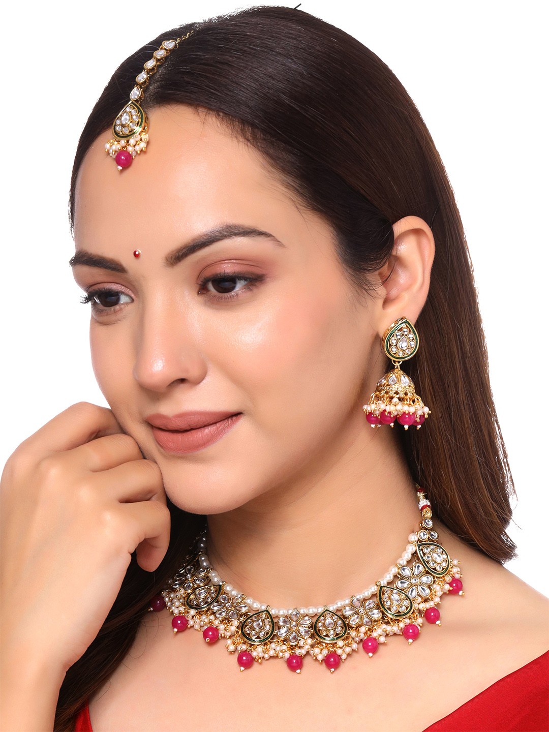 

Yellow Chimes Pink & White Beaded Mirror Worked Jewellery Set with Maang Tika, Gold