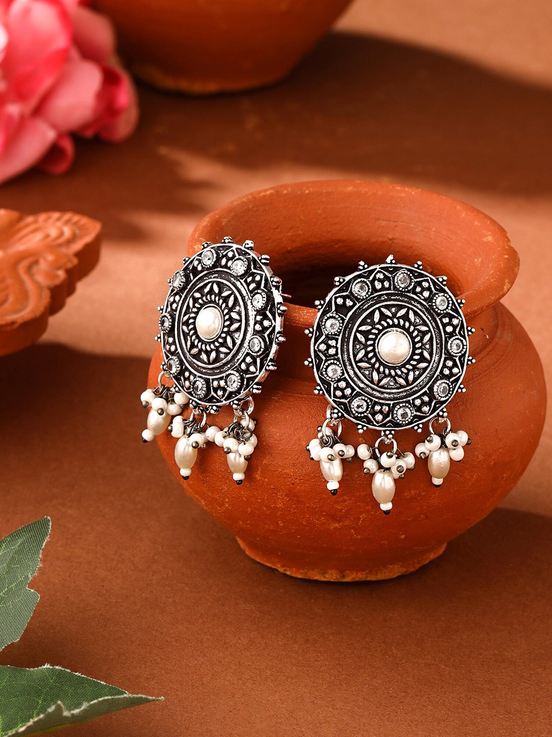 

Yellow Chimes Silver-Plated Oxidised Circular Stud Earrings with Beads Drop