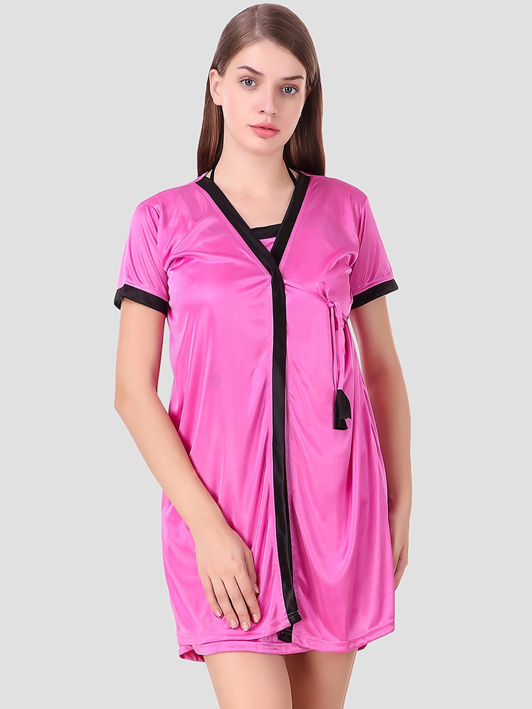 

Fasense Women Pink Solid Satin Short Wrap Gown Robe