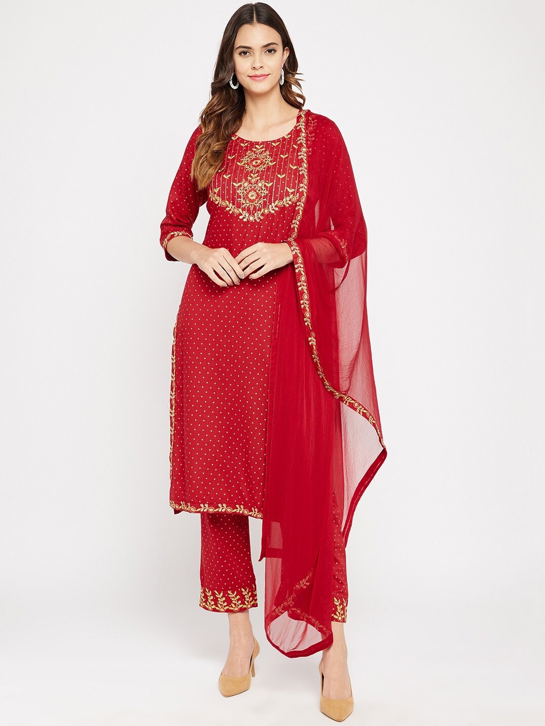 

Prakhya Women Red Floral Embroidered Straight Kurta with Palazzos & With Dupatta