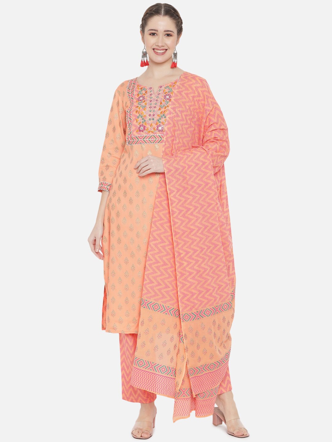 

Prakhya Women Orange Printed Mirror Work Kurta with Trouser & With Dupatta Set
