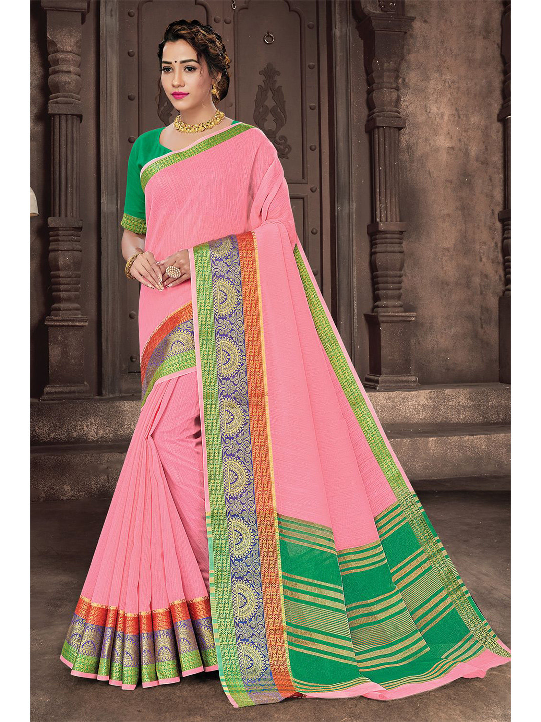 

KARAGIRI Pink & Green Ethnic Motifs Zari Saree