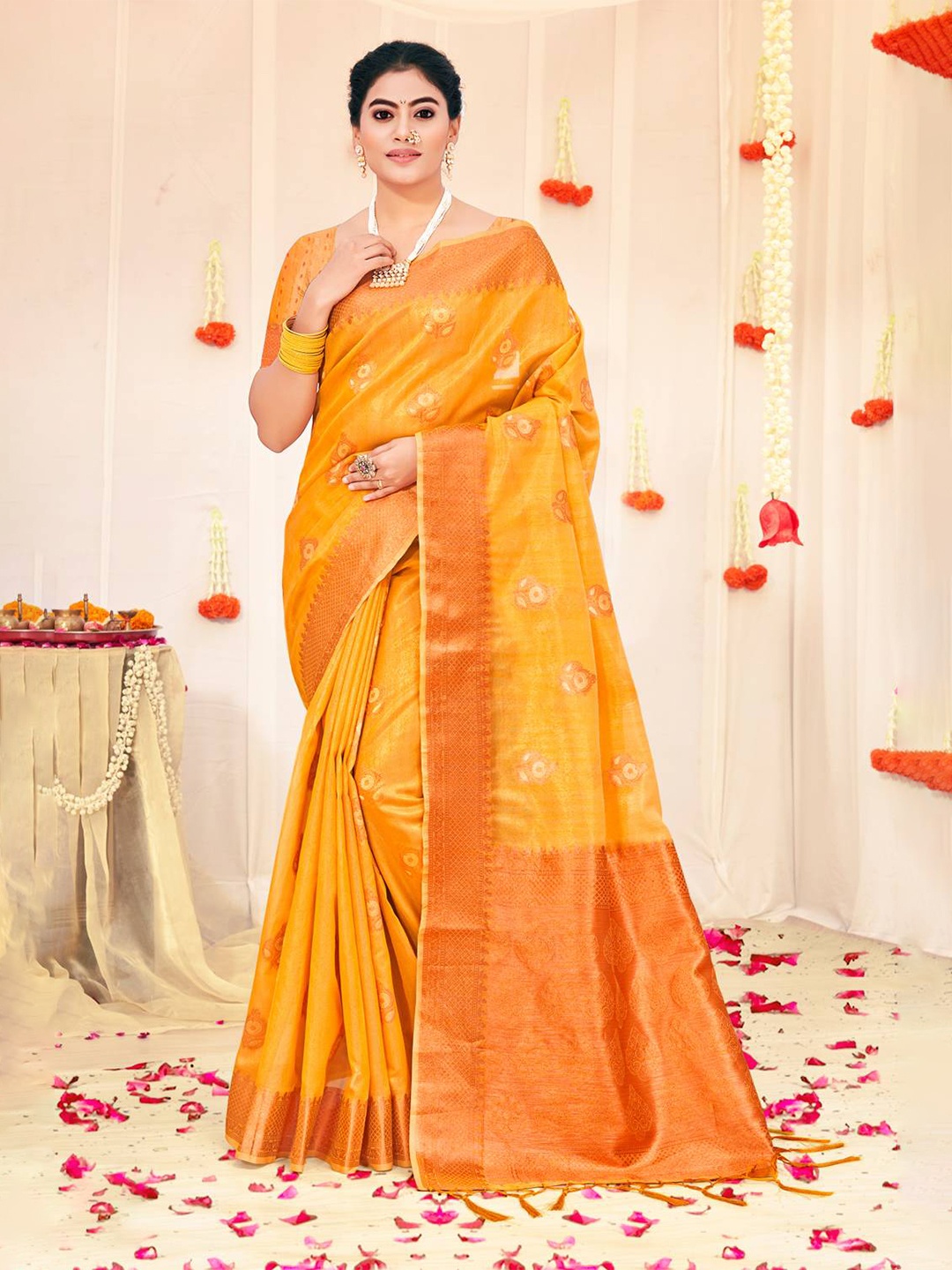 

KARAGIRI Yellow & Copper-Toned Woven Design Zari Organza Saree