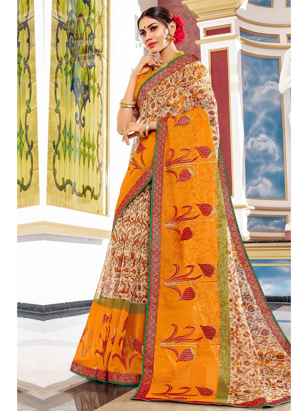 

KARAGIRI Mustard & Green Floral Saree