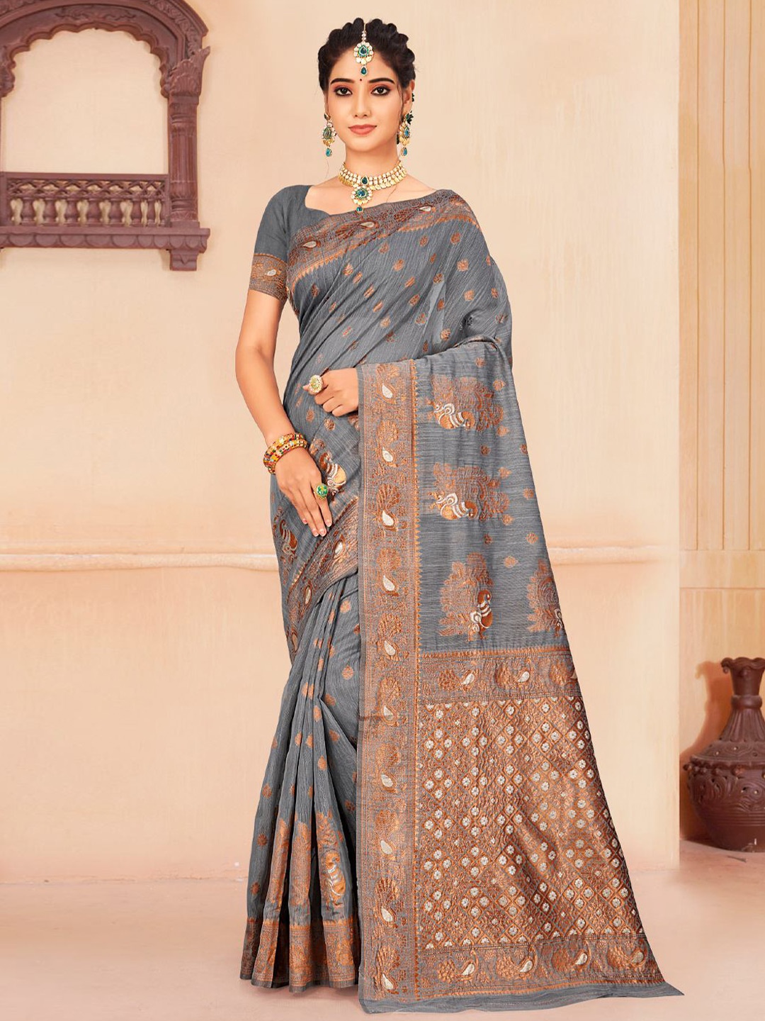 

KARAGIRI Grey & Brown Floral Zari Saree