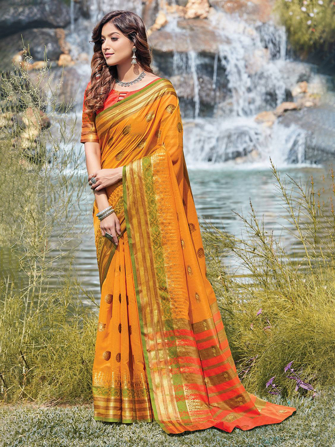 

KARAGIRI Mustard & Green Woven Design Zari Saree