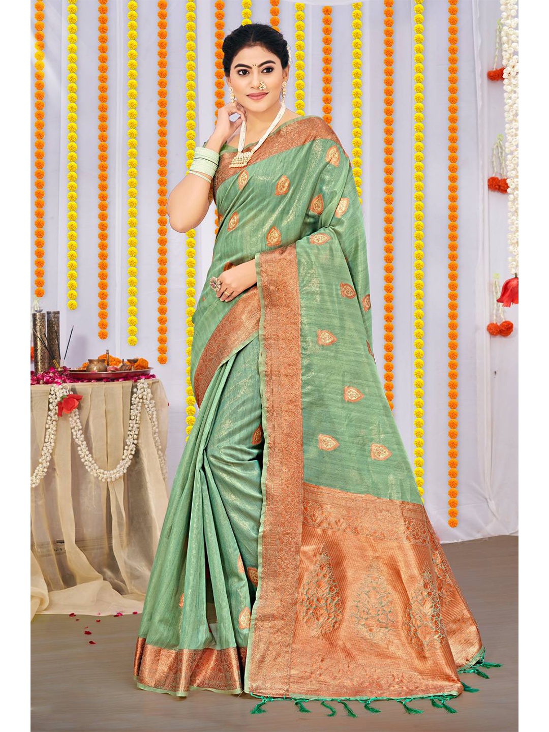 

KARAGIRI Sea Green & Copper-Toned Woven Design Zari Organza Saree