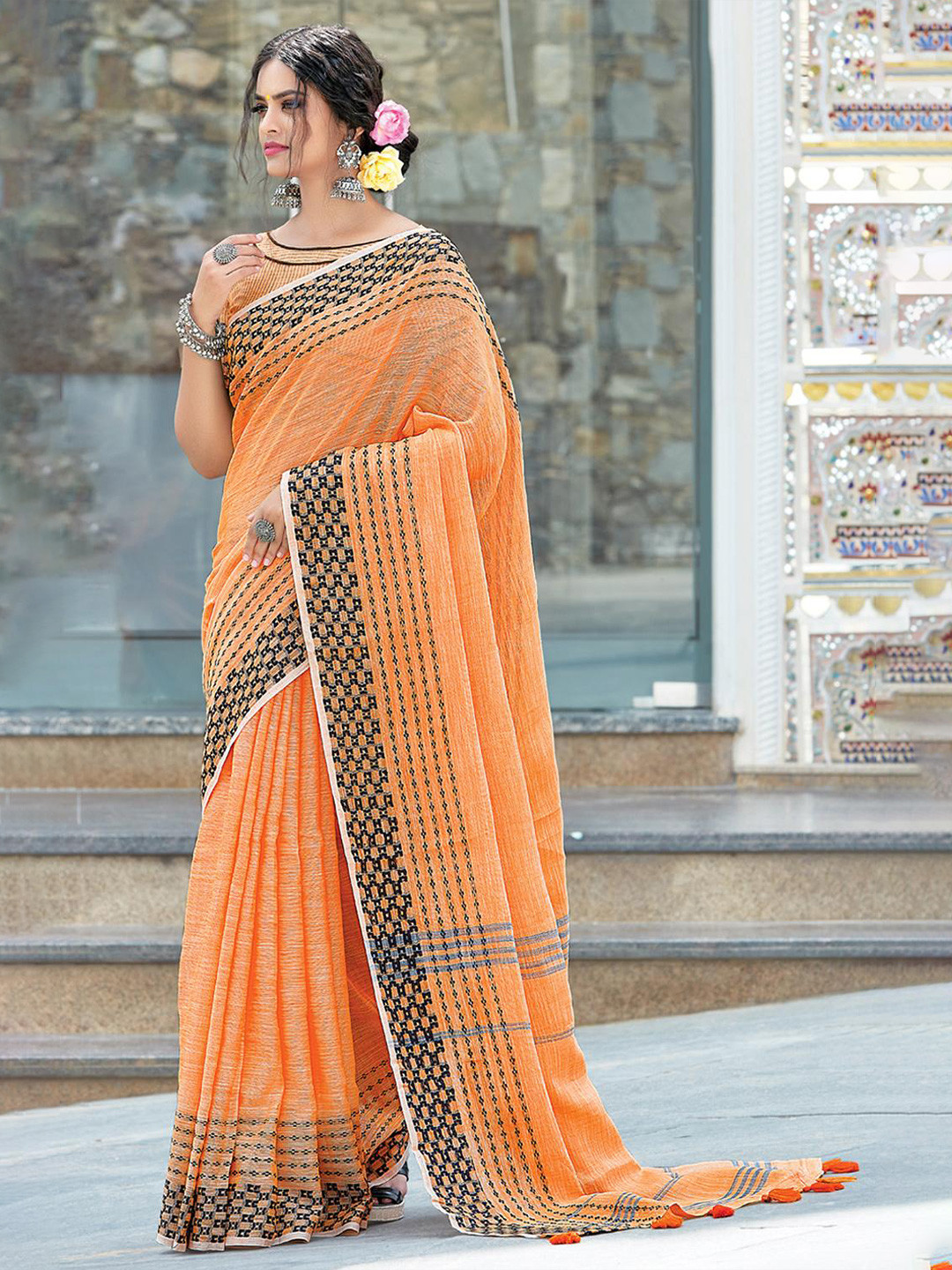

KARAGIRI Orange & Black Woven Design Linen Blend Saree