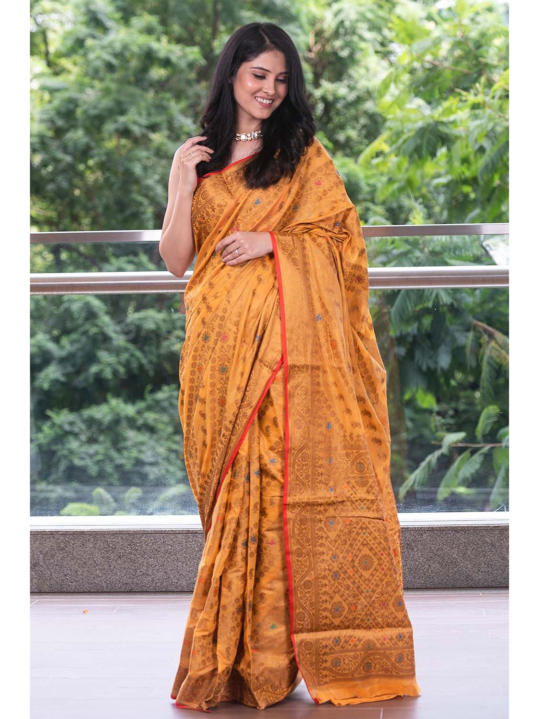

KARAGIRI Yellow & Red Woven Design Zari Silk Blend Kanjeevaram Saree