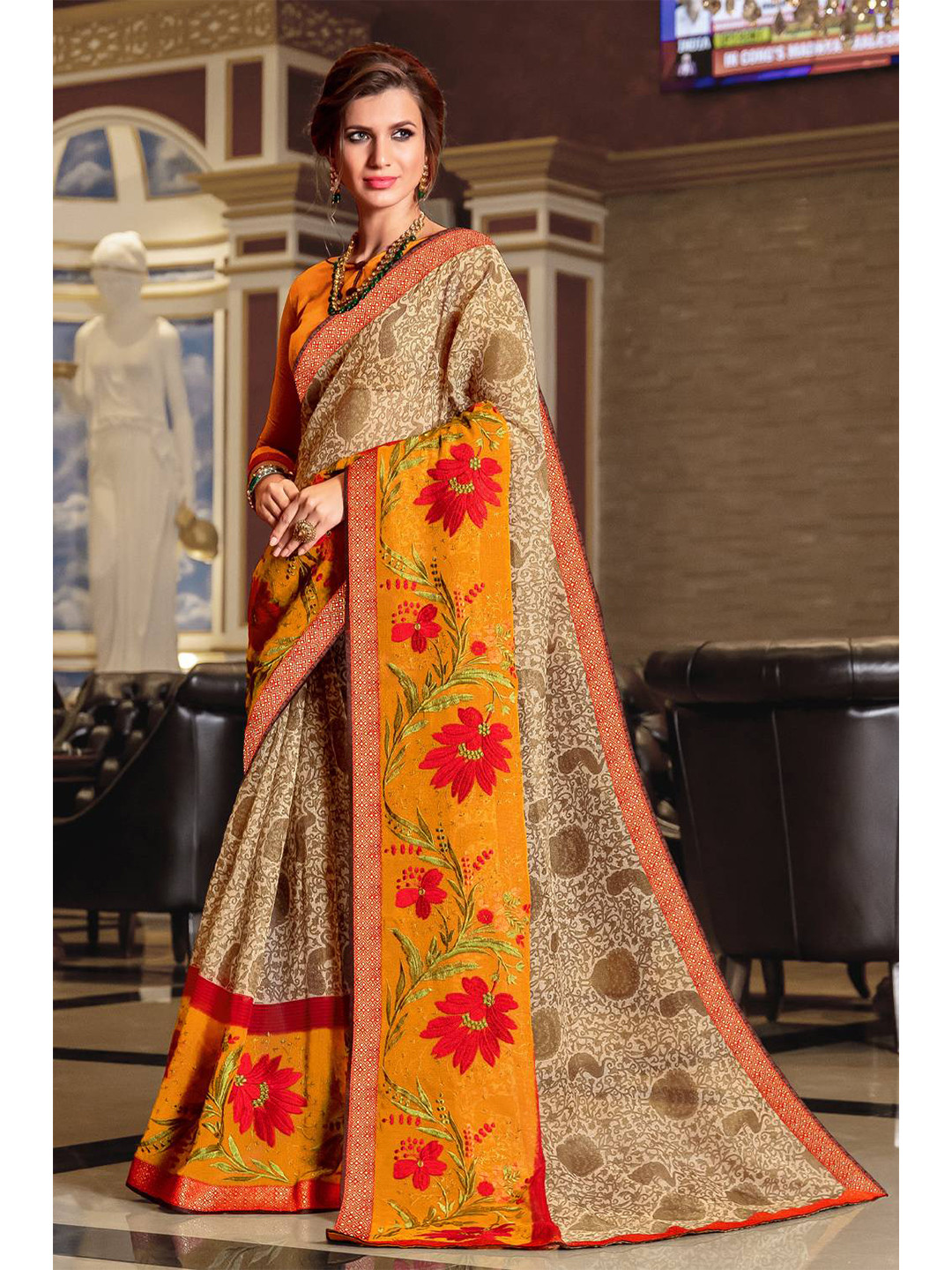 

KARAGIRI Mustard & Red Floral Saree