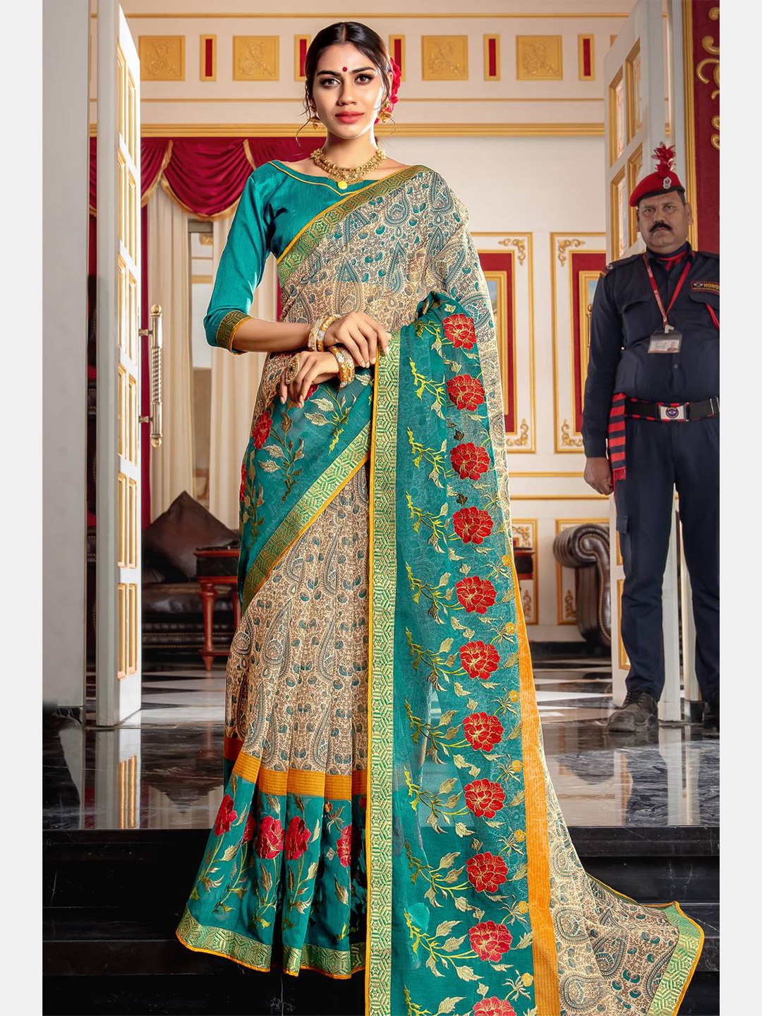 

KARAGIRI Teal & Red Floral Saree