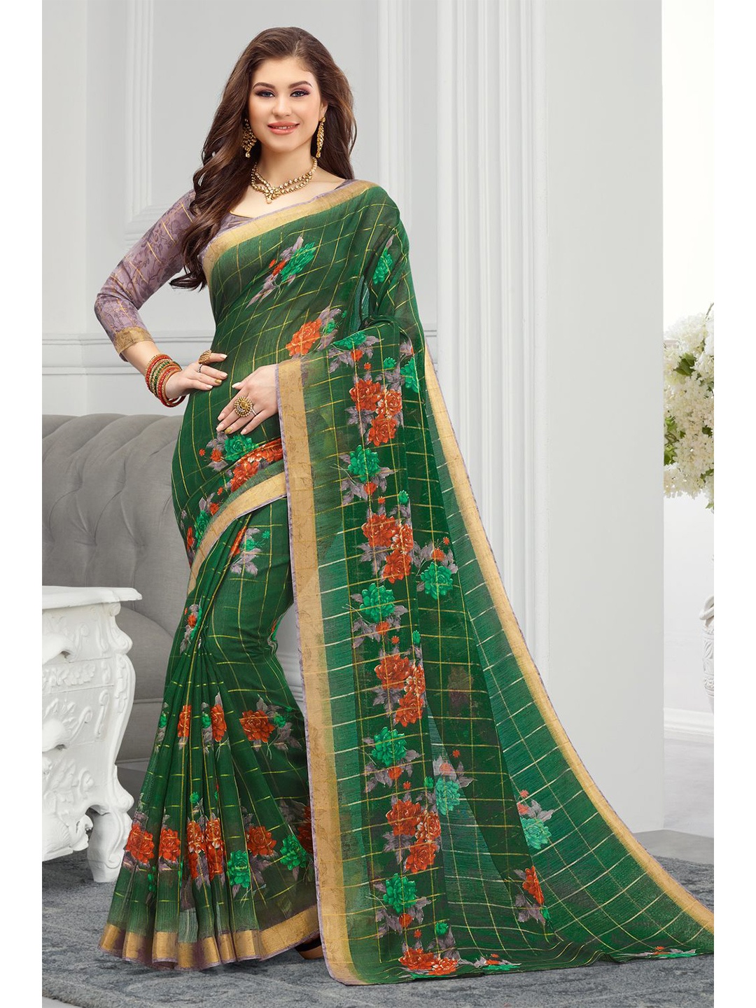 

KARAGIRI Green & Red Floral Zari Saree