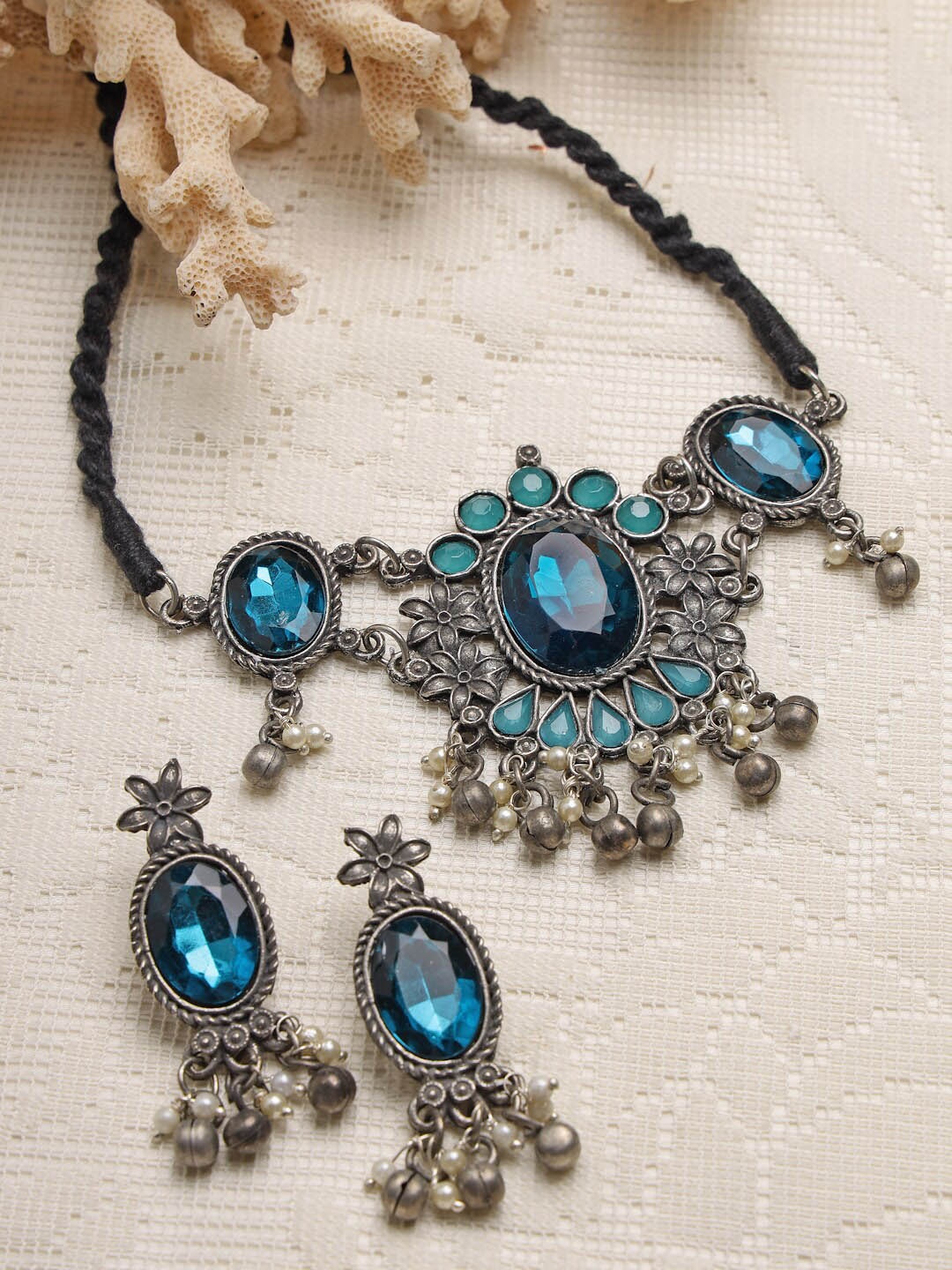 

Moedbuille Silver-Plated & Toned Blue Crystal Studded Jewellery Set