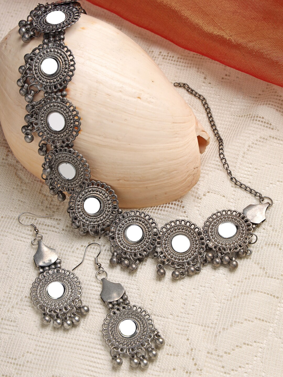 

Moedbuille Silver-Plated & Toned Mirrors Studded Filigree Work Oxidised Jewellery Set