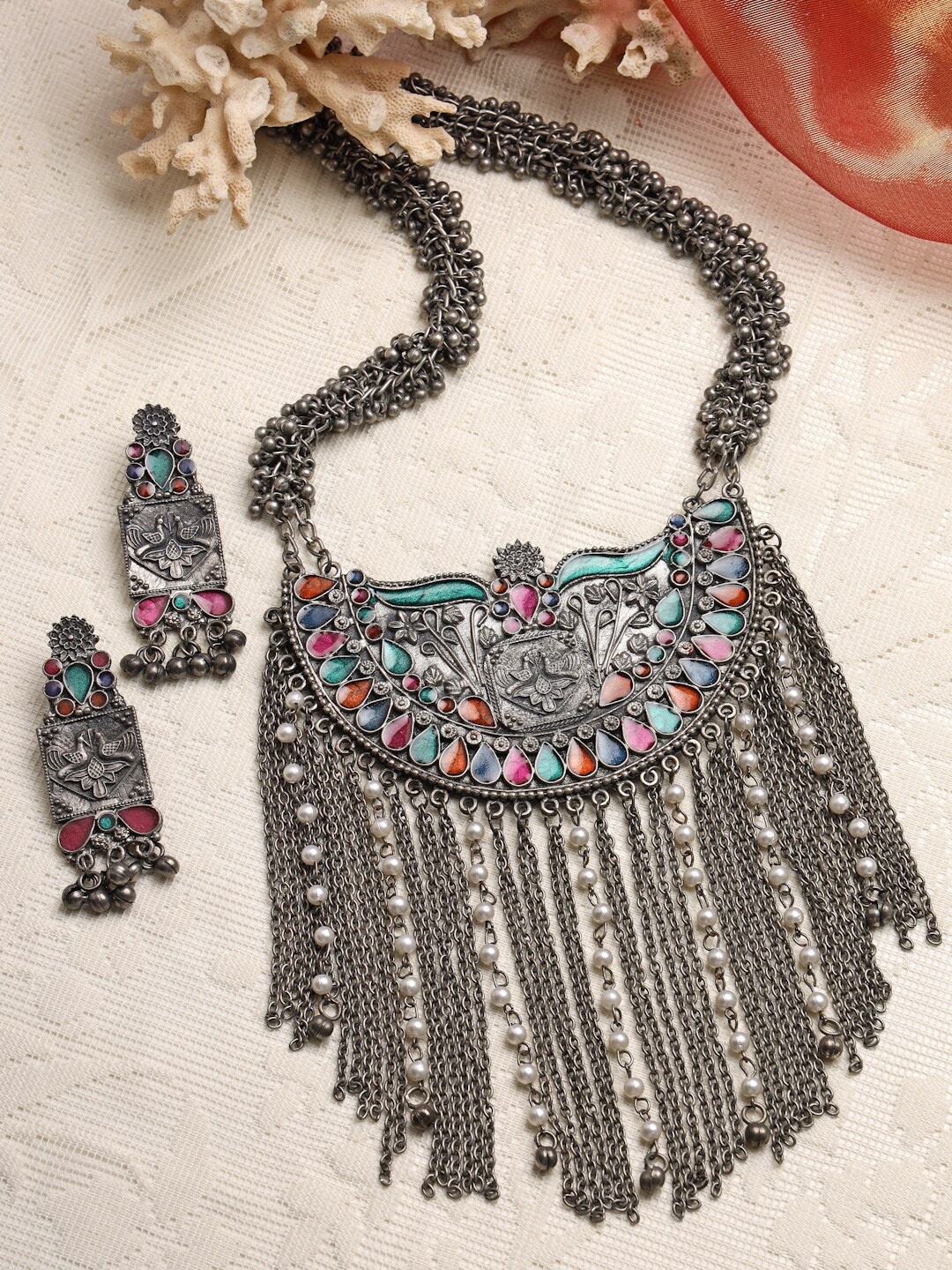 

Moedbuille Silver-Plated Green Tasselled Design Oxidised Necklace Set, Multi