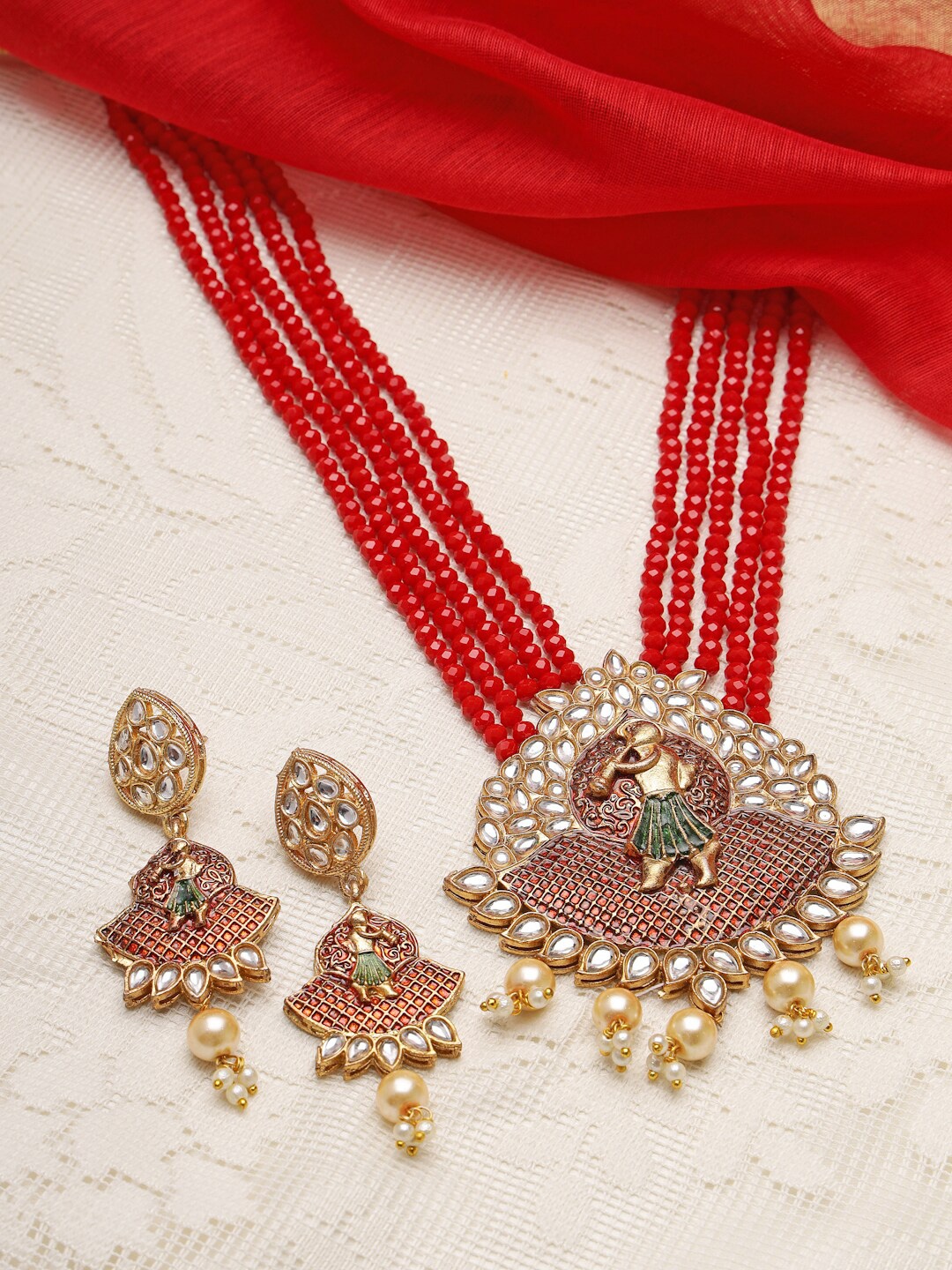 

Moedbuille Gold-Plated Red Kundan & Pearls Studded Tassel Meenakari Jewellery Set