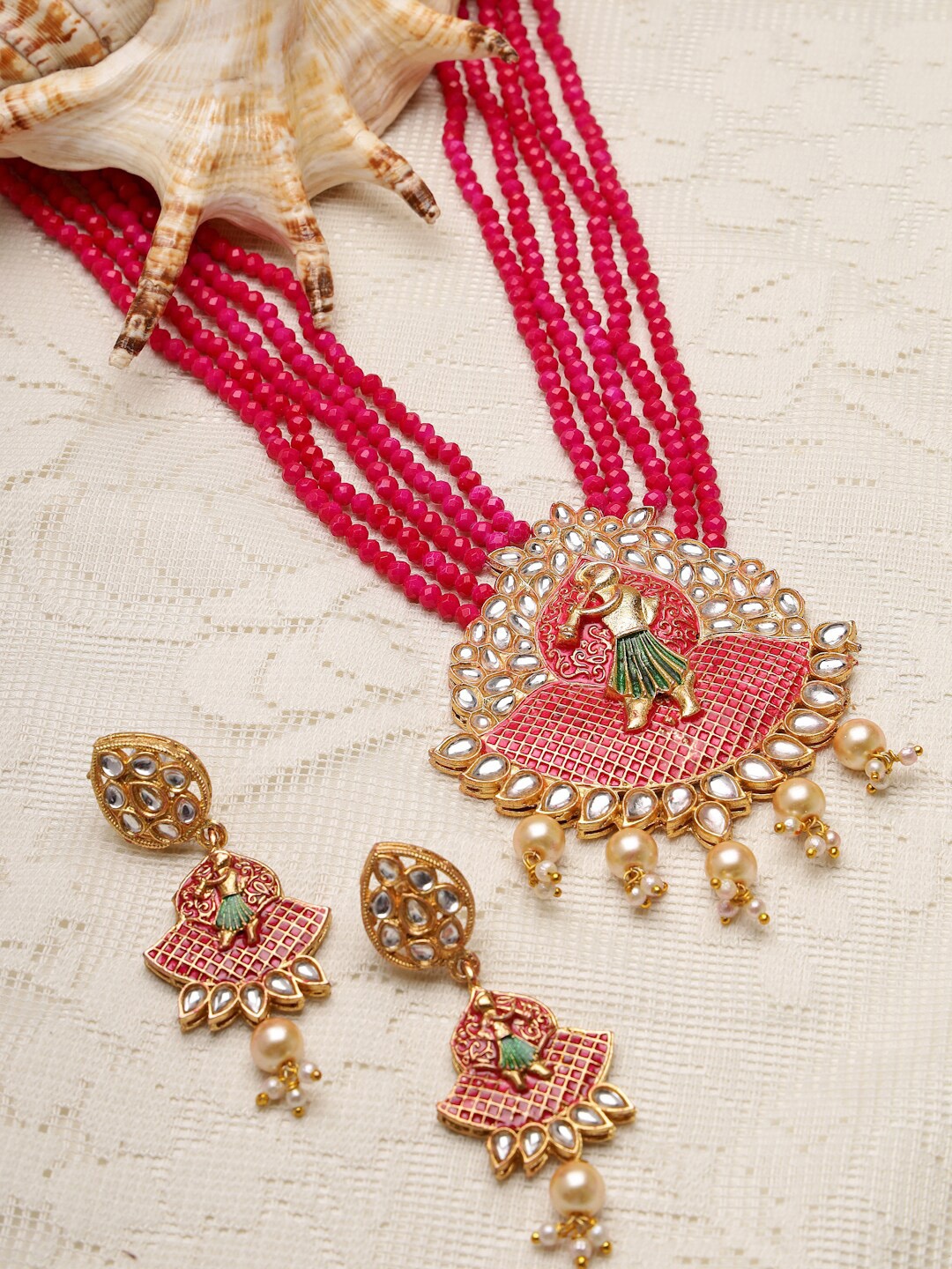 

Moedbuille Gold-Plated & Pink Kundan Studded Jewellery Set