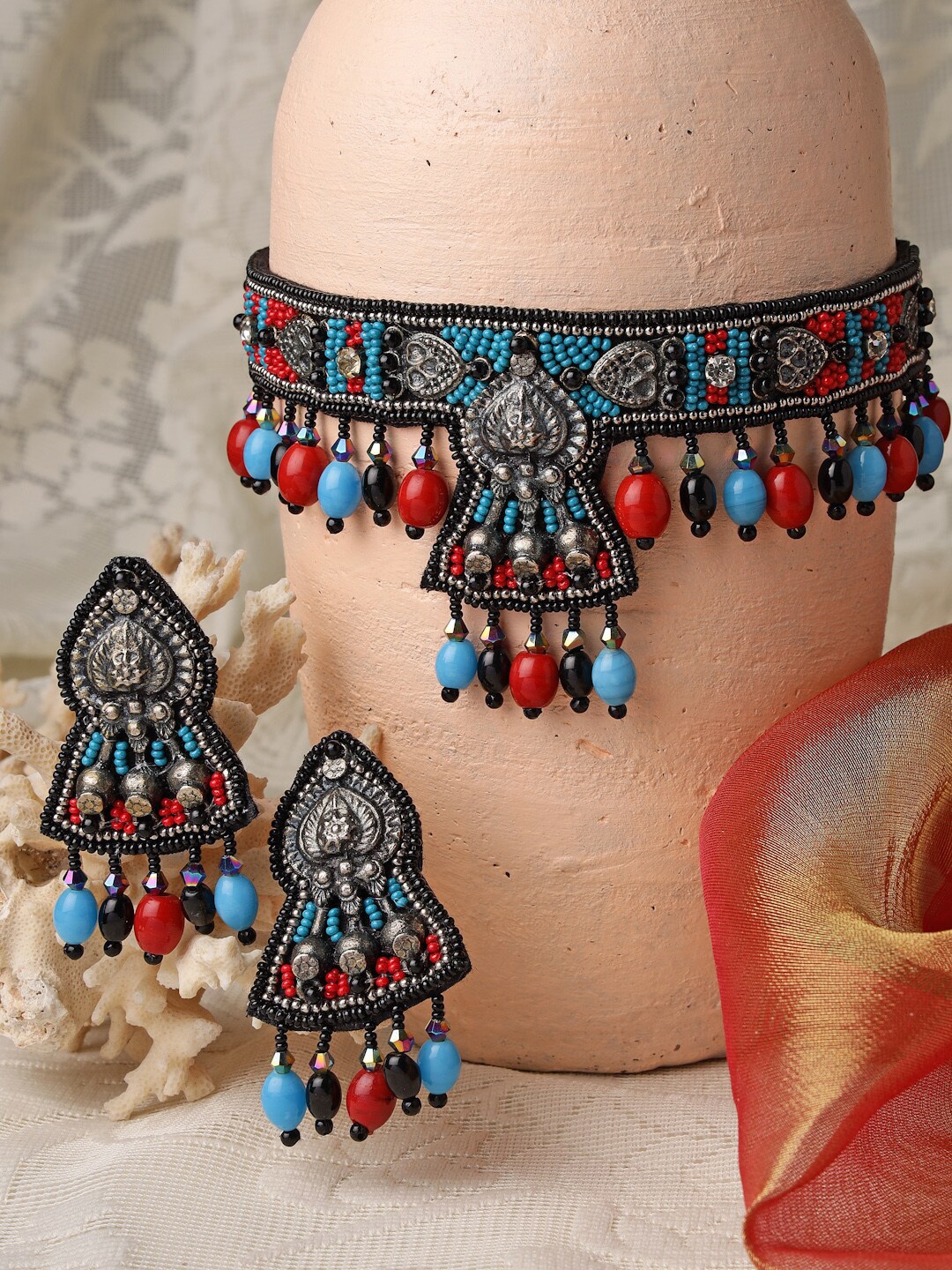 

Moedbuille Silver-Plated Blue & Red Stone Studded & Beaded Jewellery Set