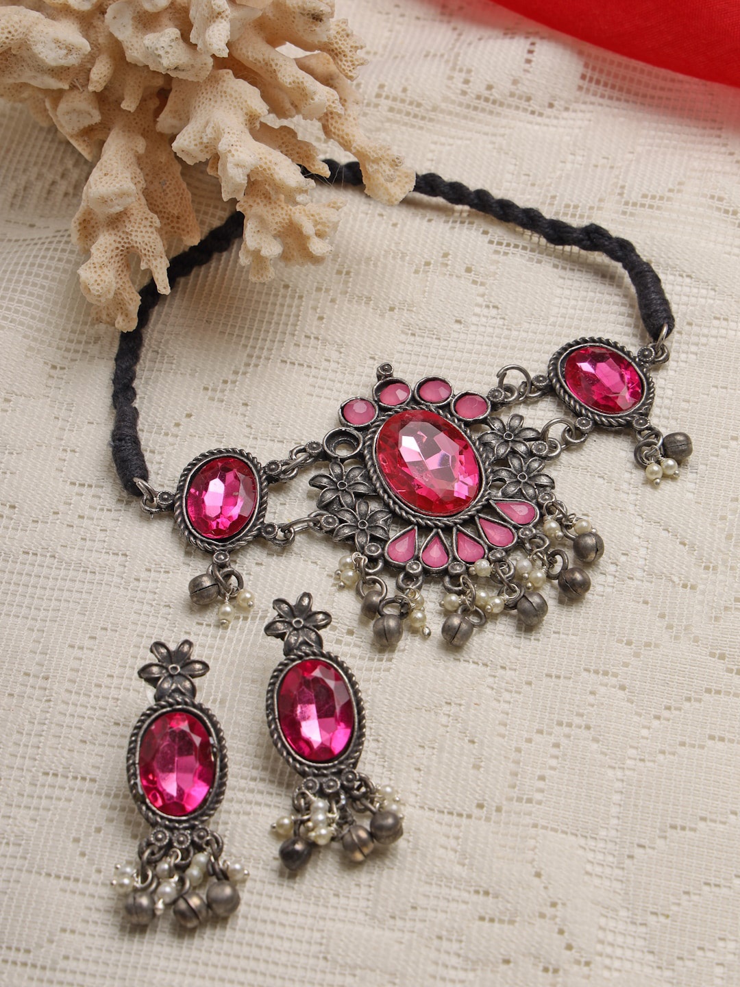 

Moedbuille Oxidized Silver-Plated White & Pink Crystal-Studded & Pearl Beaded Jewellery Set