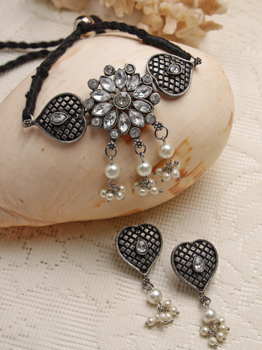 

Moedbuille Silver-Plated White Crystal-Studded & Beaded Jewellery Set