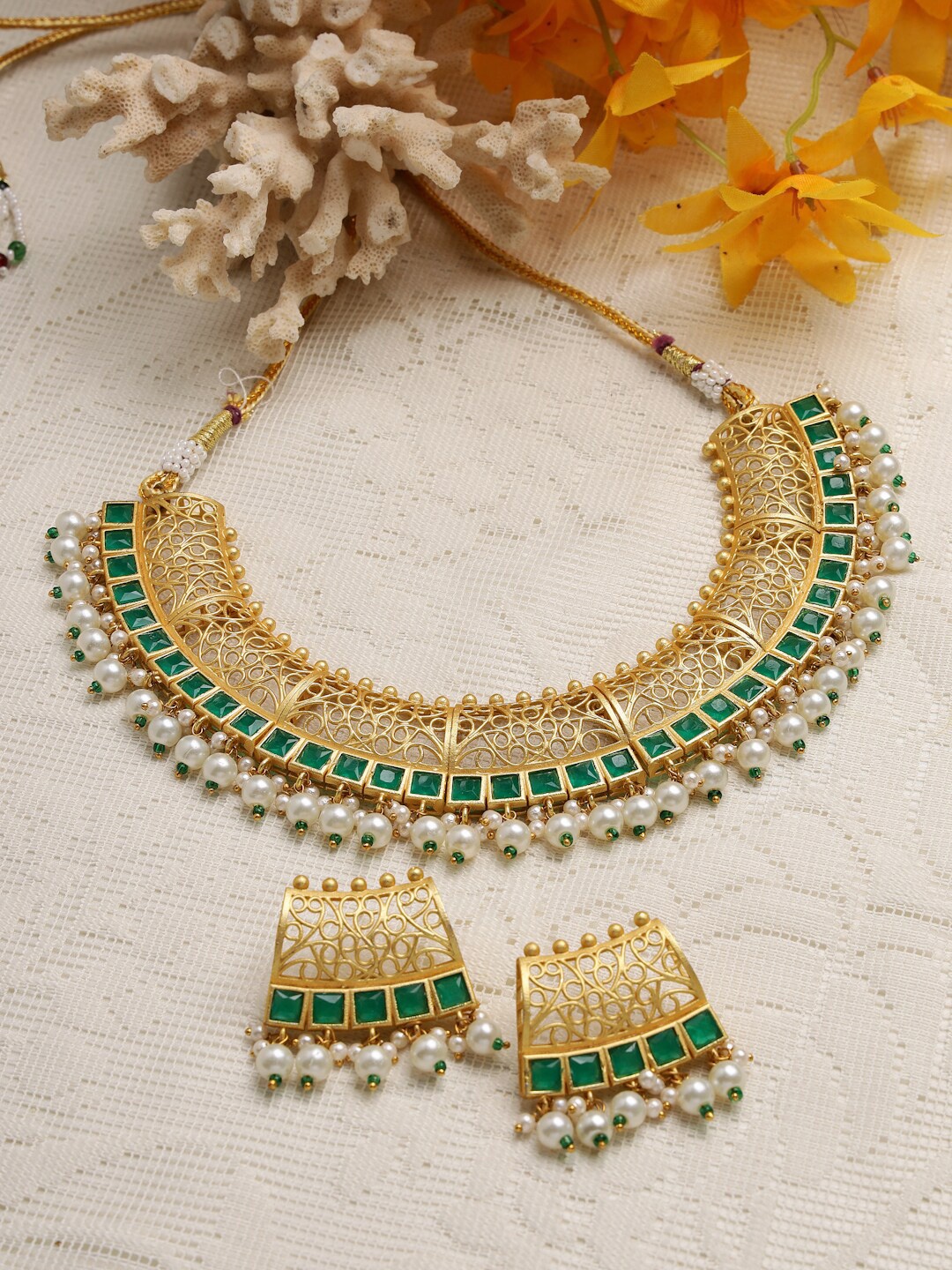 

Moedbuille Gold-Plated Green Stone-Studded & Pearl Beaded Necklace Set