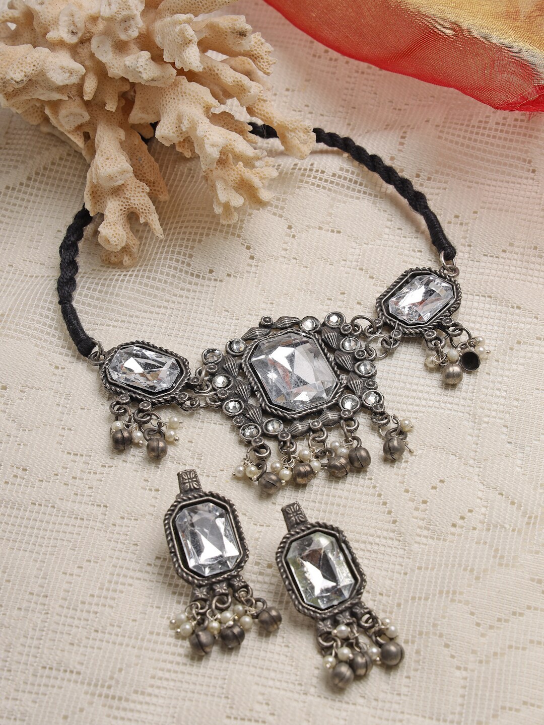 

Moedbuille Oxidized Silver-Plated White Crystal-Studded & Pearl Beaded Jewellery Set