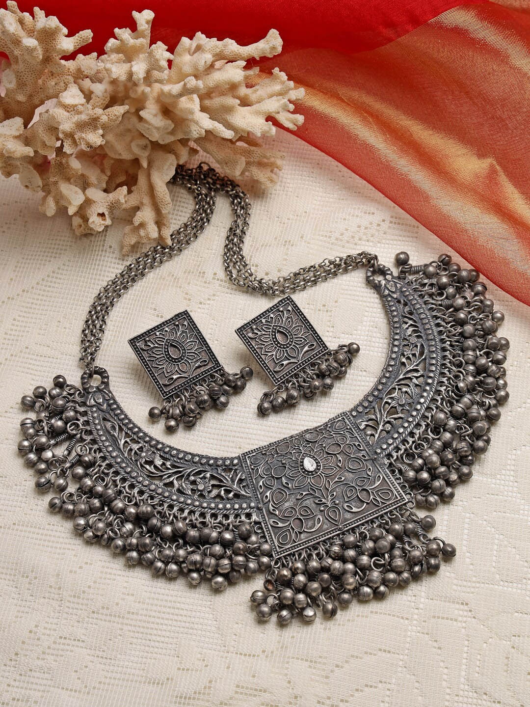 

Moedbuille Silver-Plated Metallic Ghungroo Studded Oxidised Necklace Set