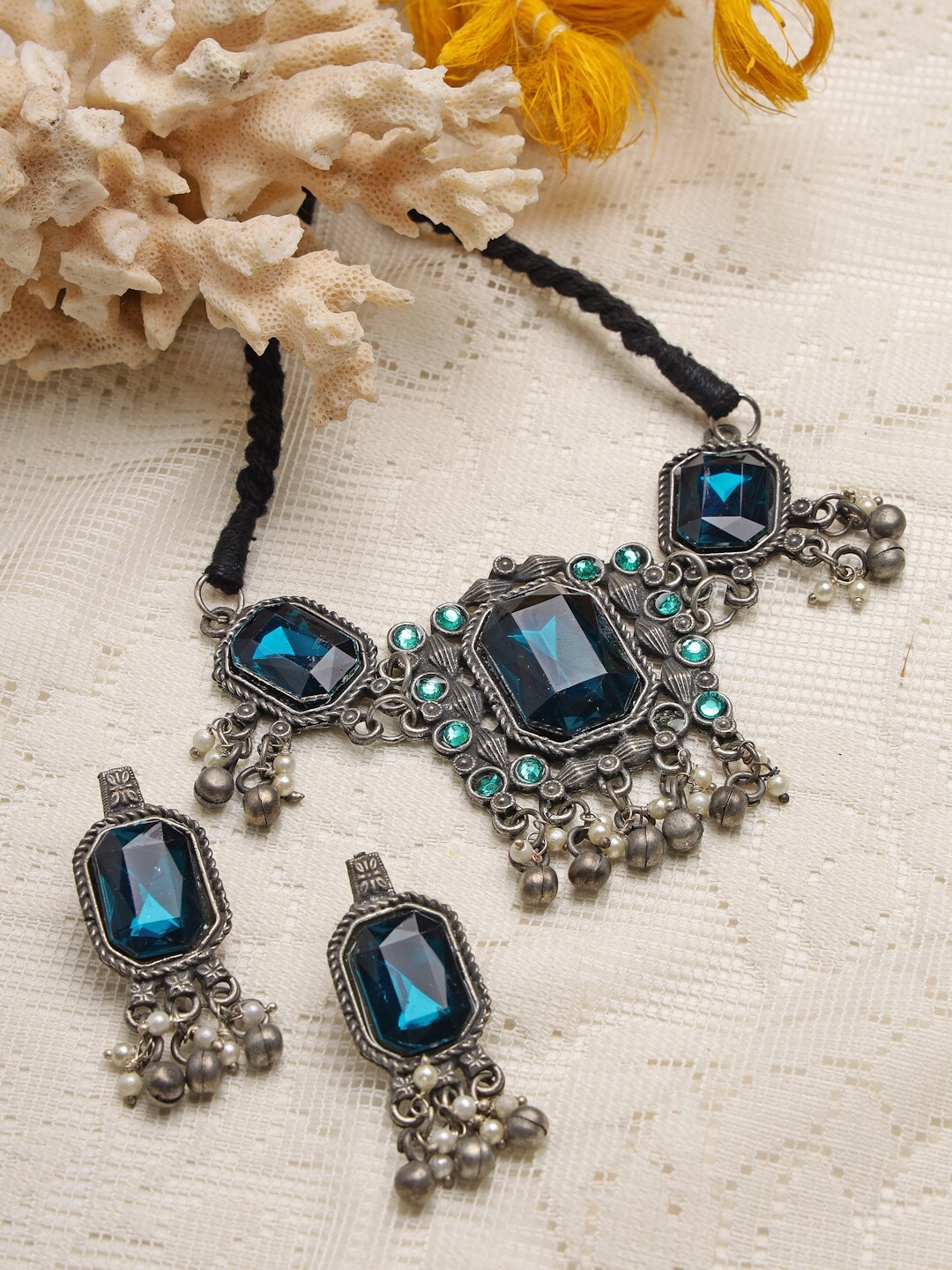 

Moedbuille Silver-Plated & Blue Crystal Studded Jewellery Set