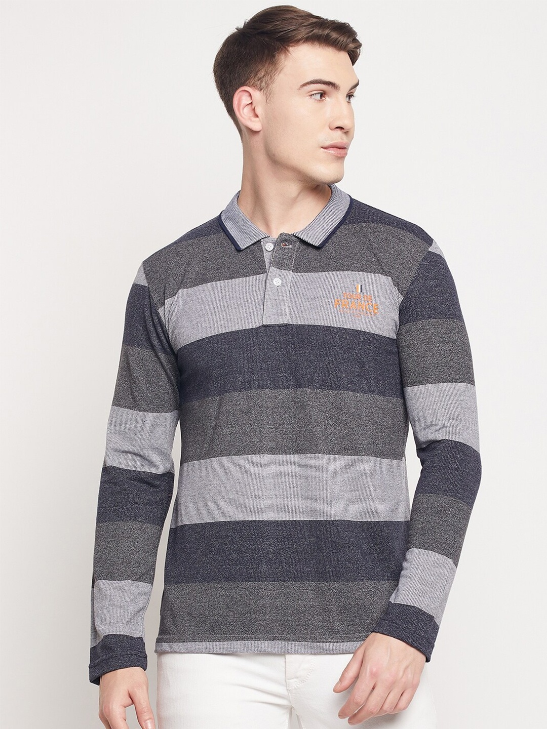 

Duke Men Grey & Navy Blue Striped Polo Collar Cotton Slim Fit T-shirt
