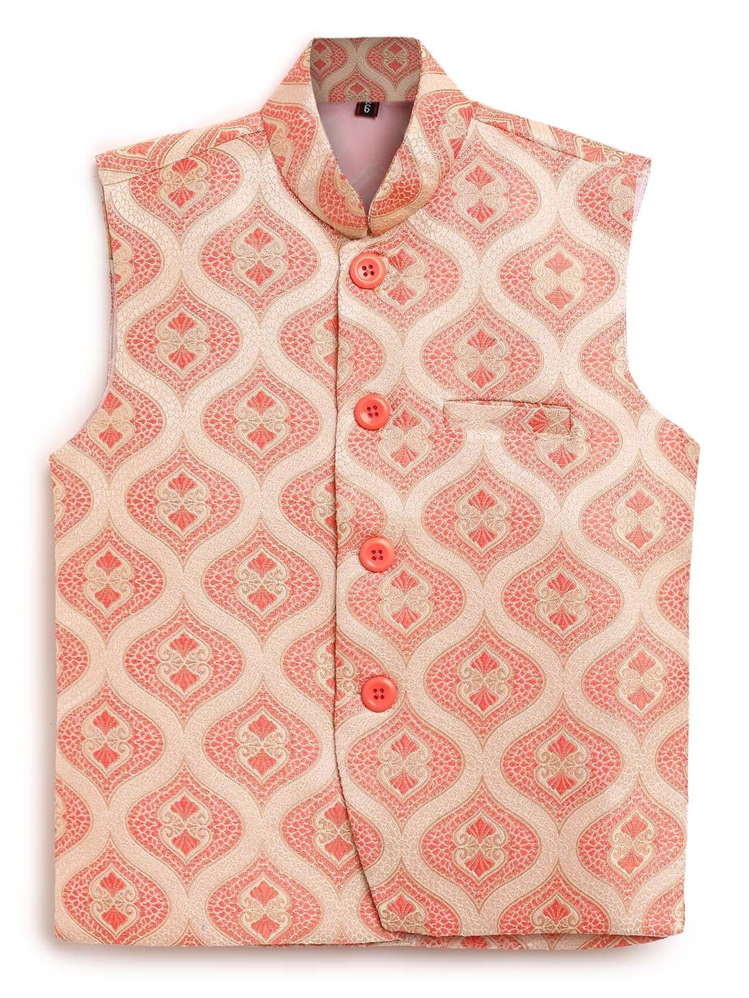 

Aj DEZInES Boys Peach-Colored Embellished Jacquard Nehru Jacket