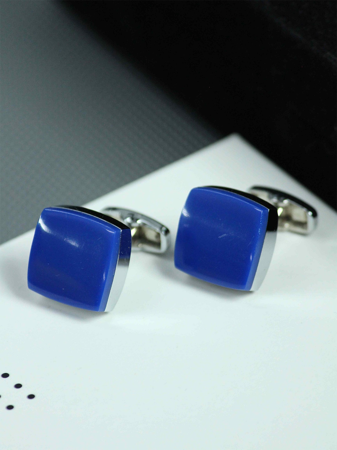 

Tossido Men Blue & Silver-Plated Brass Metal Premium Square Cufflink