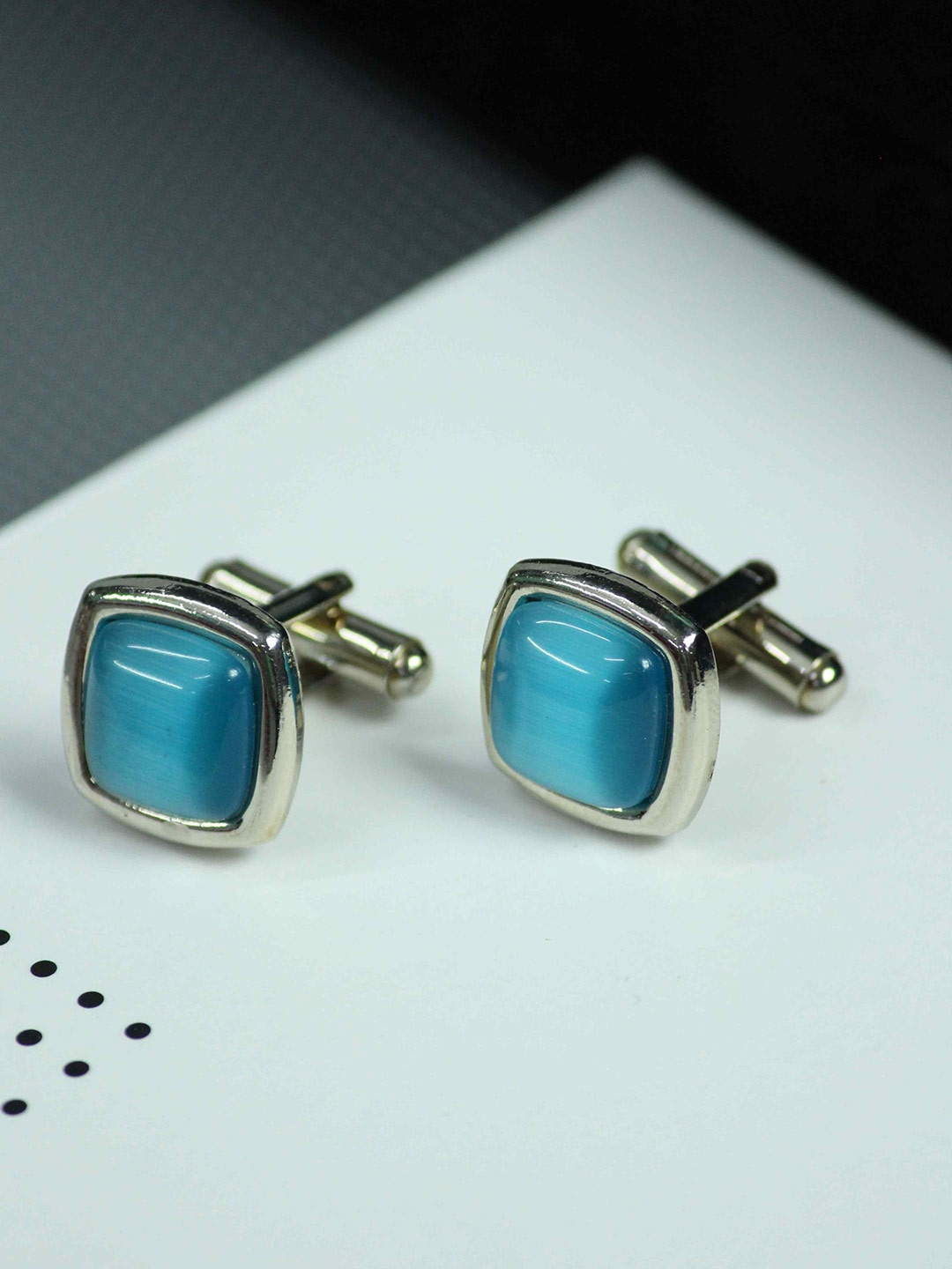 

Tossido Men Silver-Plated & Blue Brass Metal Premium Square Cufflink