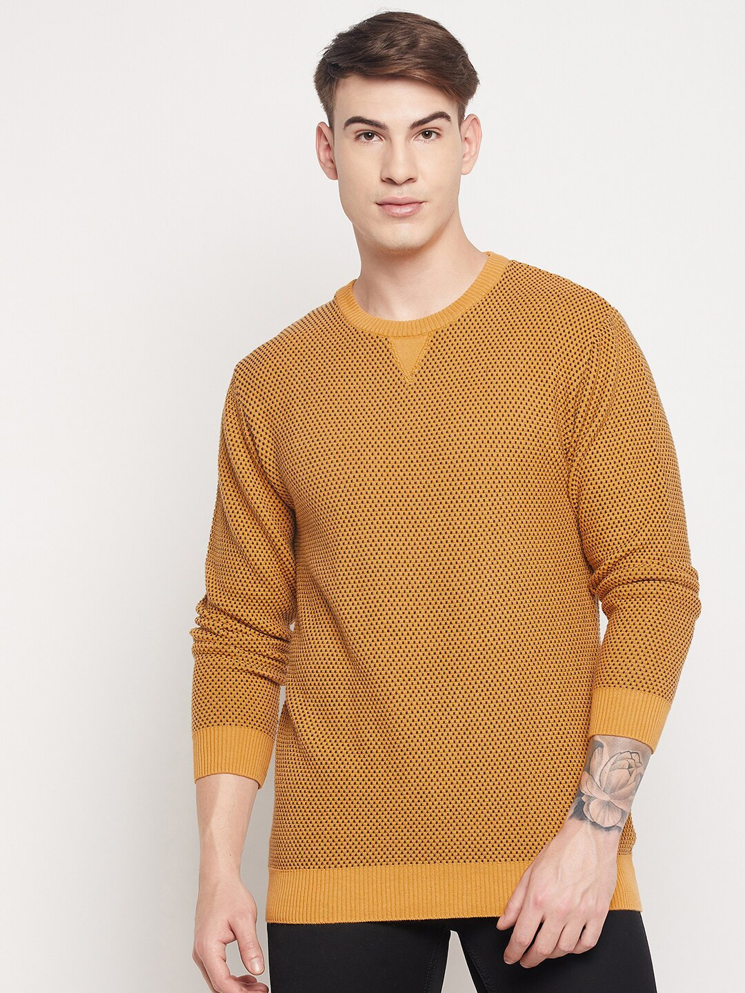 

Duke Men Yellow & Black Self-Design Pullover