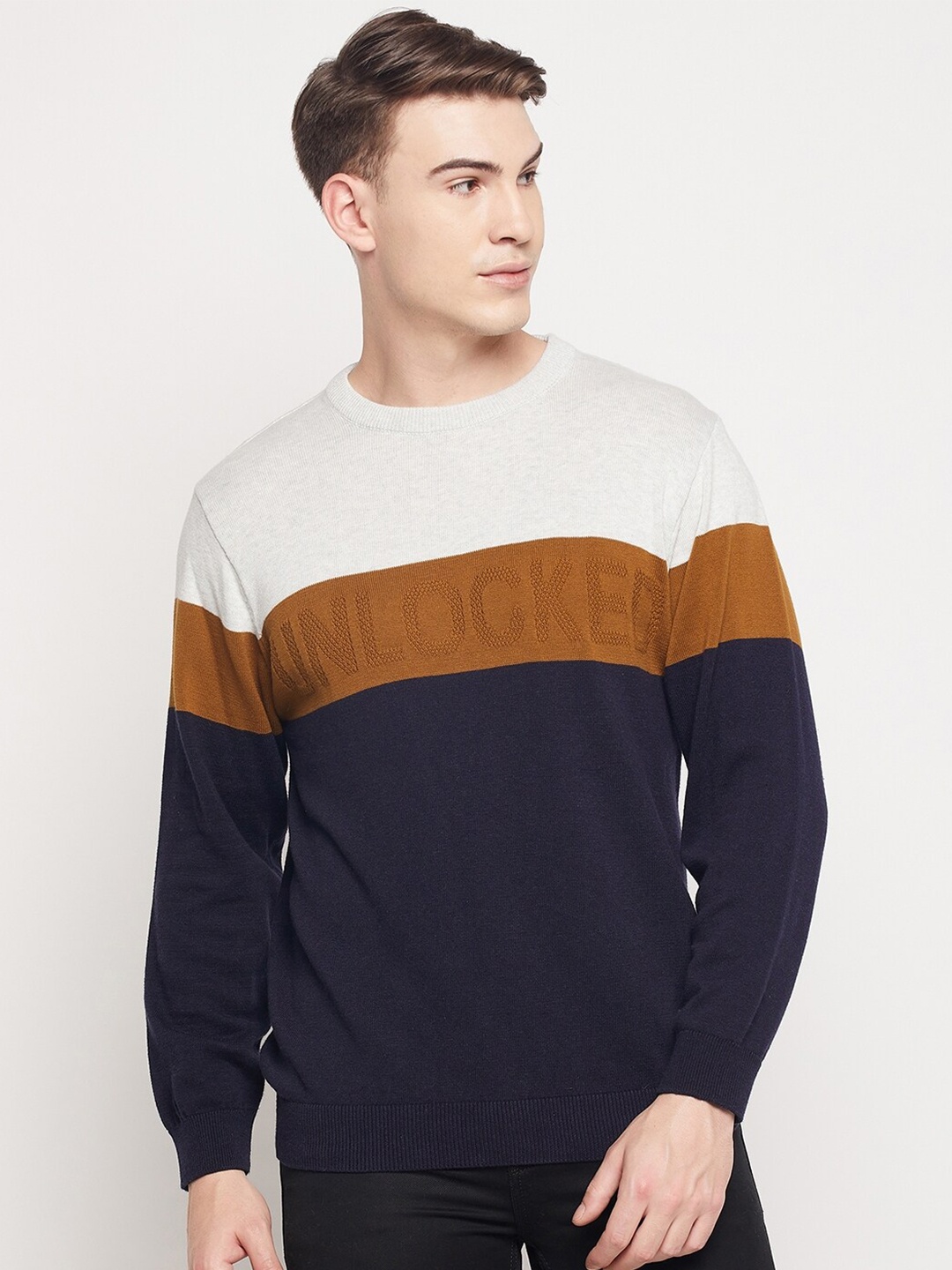 

Duke Men White & Brown Colourblocked Acrylic Pullover