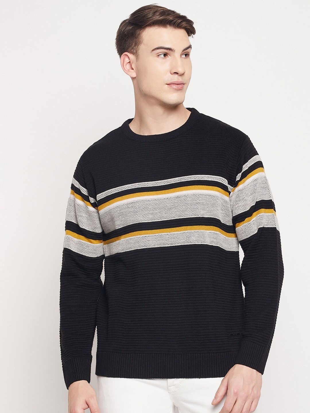 

Duke Men Black & Grey Striped Round Neck Acrylic Pullover Sweater