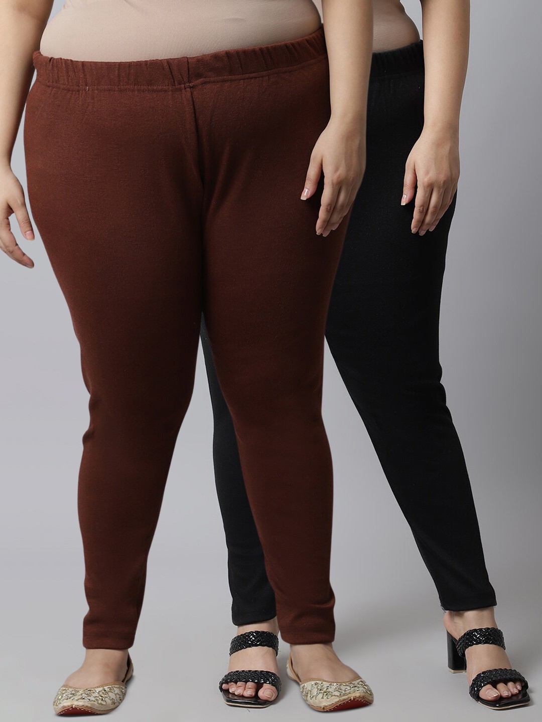 

TAG 7 Women Plus Size Pack of 2 Black & Brown Solid Ankle-Length Leggings