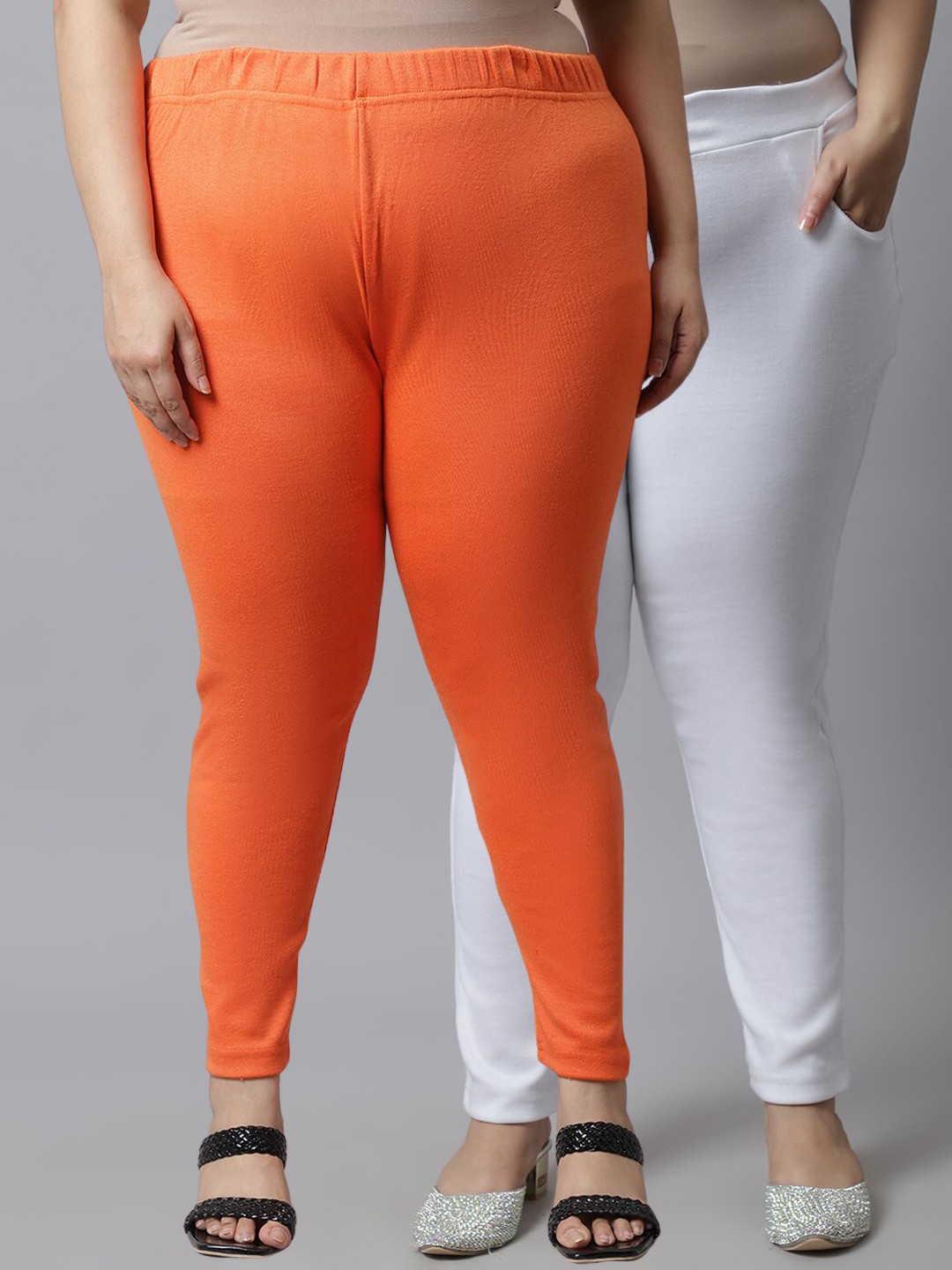 

TAG 7 Women Plus Size Pack of 2 Orange & White Solid Ankle-Length Leggings