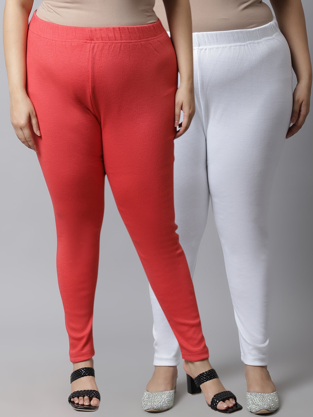 

TAG 7 Women Plus Size Pack Of 2 Peach-Colored & White Solid Ankle-Length Leggings