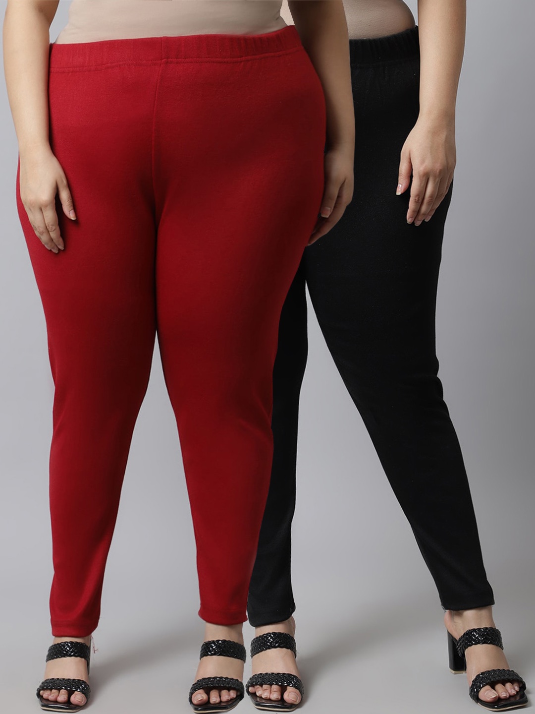 

TAG 7 Women Pack Of 2 Plus Size Maroon & Black Solid Ankle-Length Leggings