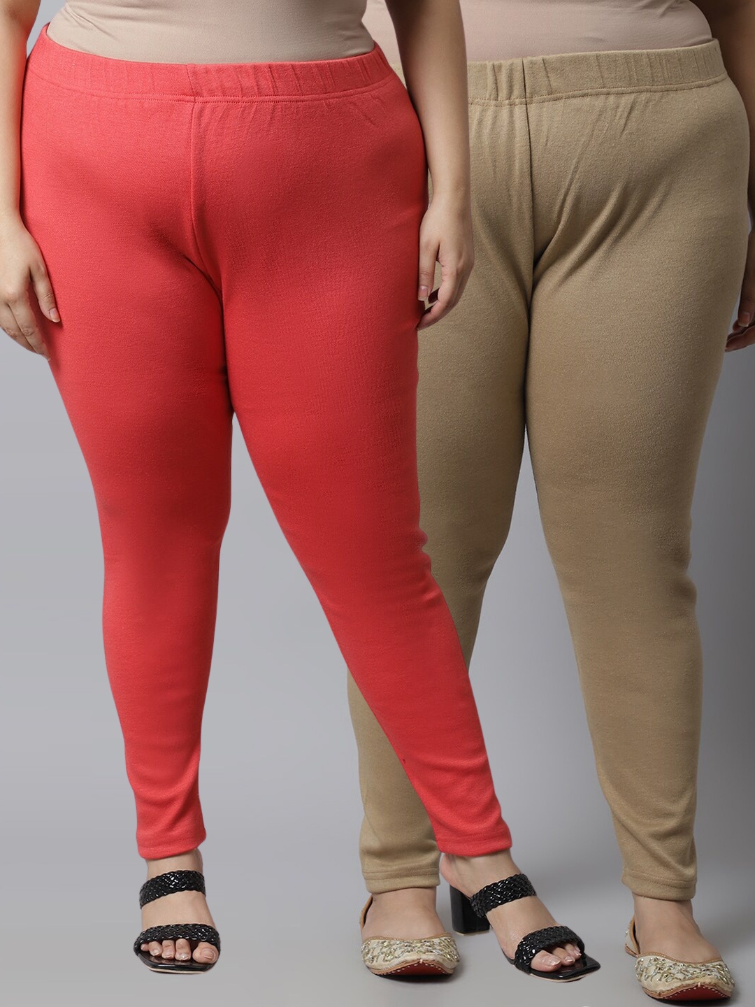 

TAG 7 Women Pack Of 2 Plus Size Solid Ankle Length Leggings, Peach