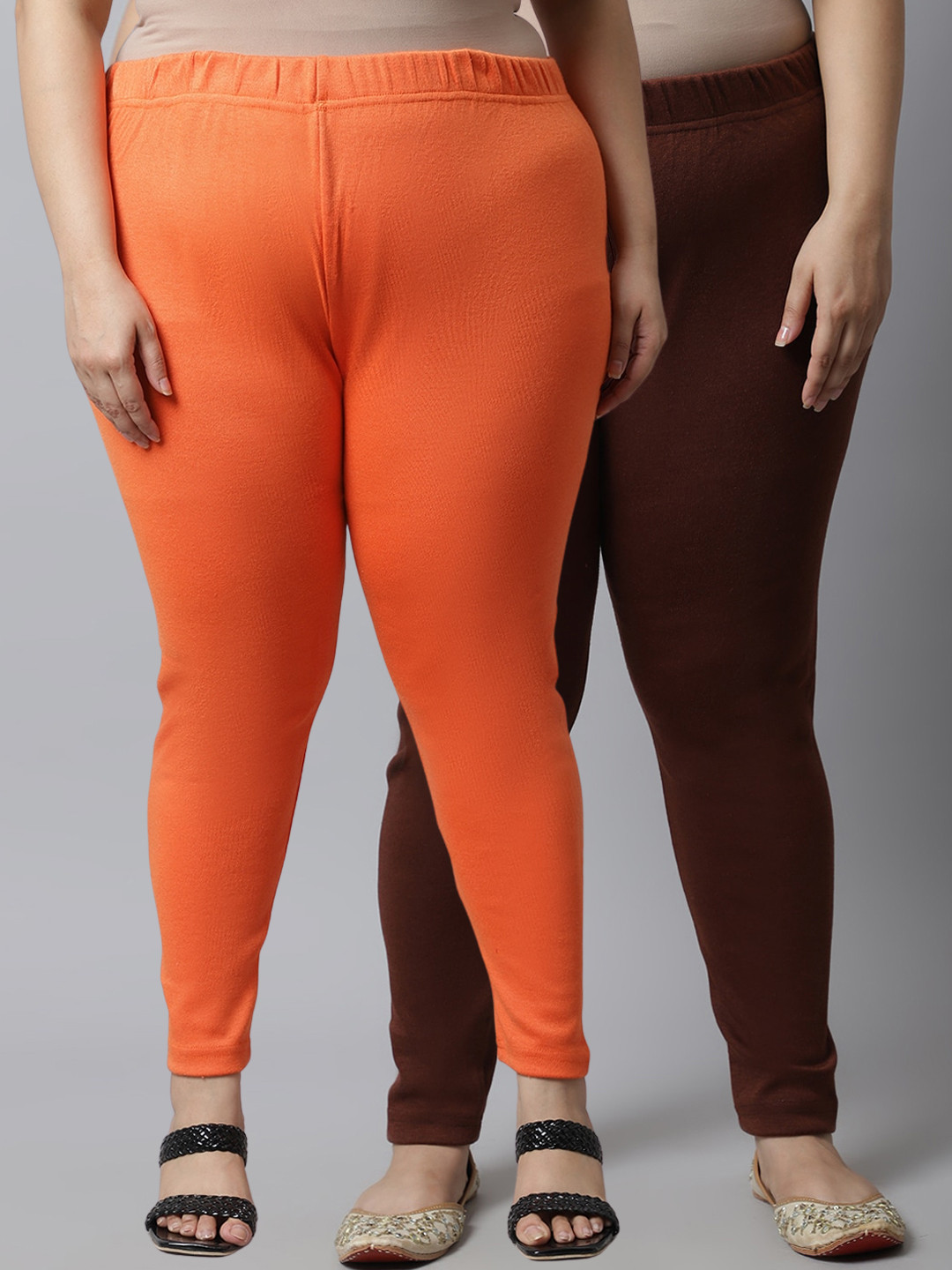 

TAG 7 Women Plus Size Pack of 2 Brown & Orange Solid Ankle-Length Leggings