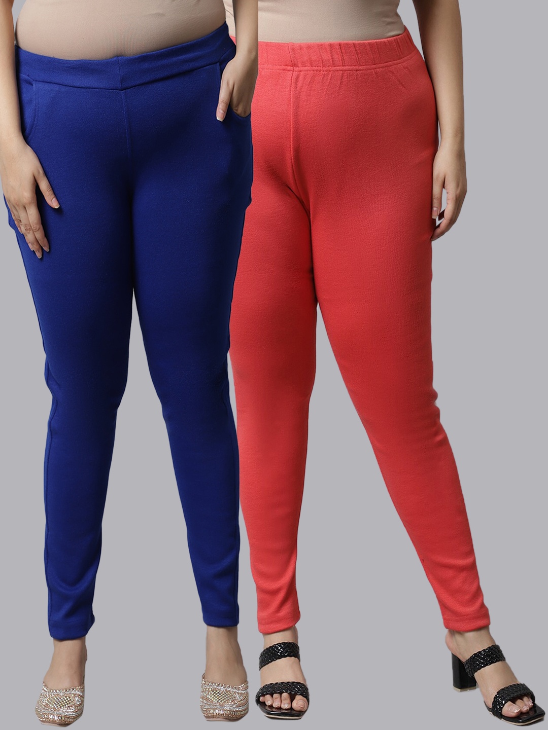 

TAG 7 Plus Size Women Pack of 2 Solid Ankle-Length Leggings, Peach