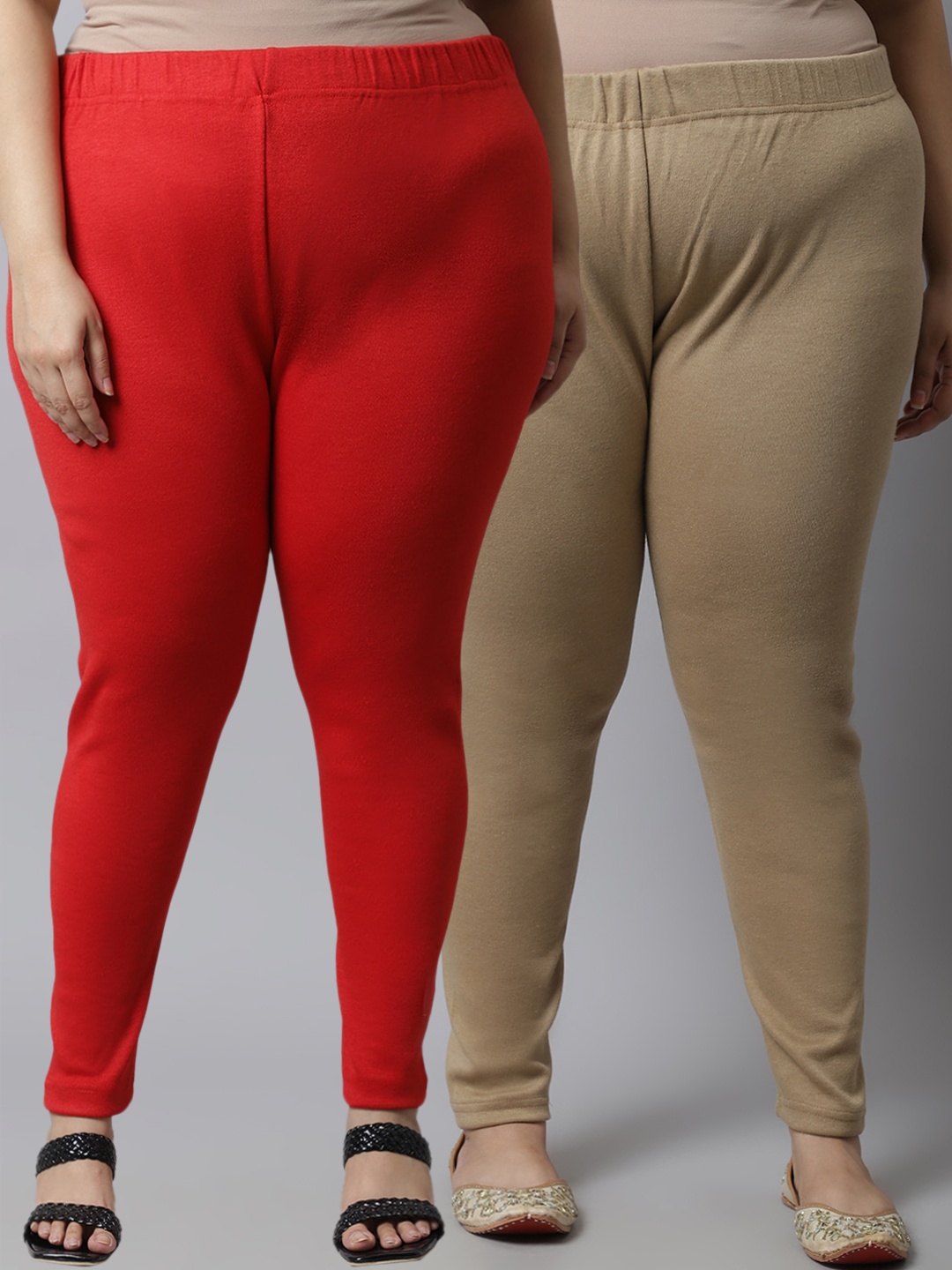 

TAG 7 Women Plus Size Pack Of 2 Solid Ankle-Length Leggings, Red