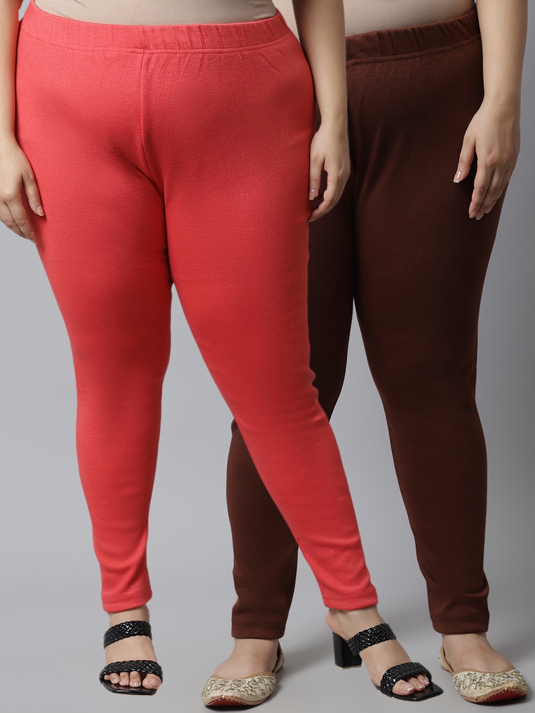 

TAG 7 Women Plus Size Pack Of 2 Solid Ankle-Length Leggings, Peach