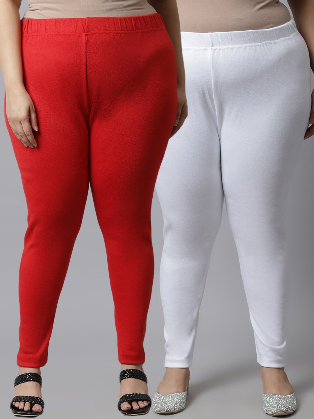 

TAG 7 Plus Size Women Pack of 2 Solid Ankle-Length Leggings, Red