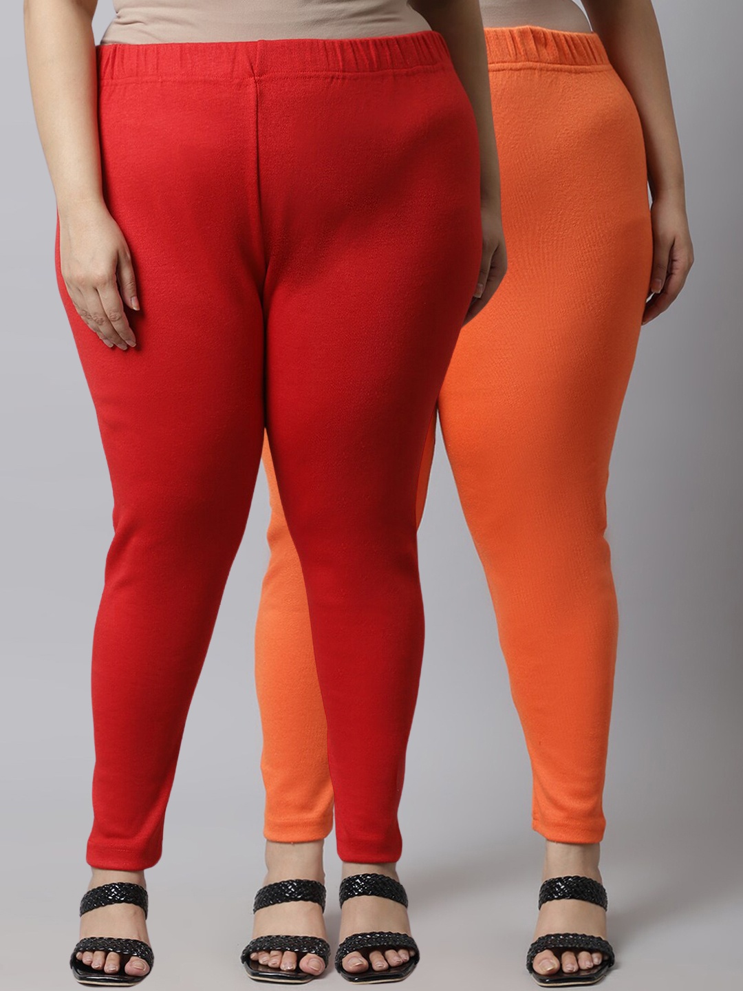 

TAG 7 Women Plus Size Pack Of 2 Solid Ankle-Length Leggings, Red